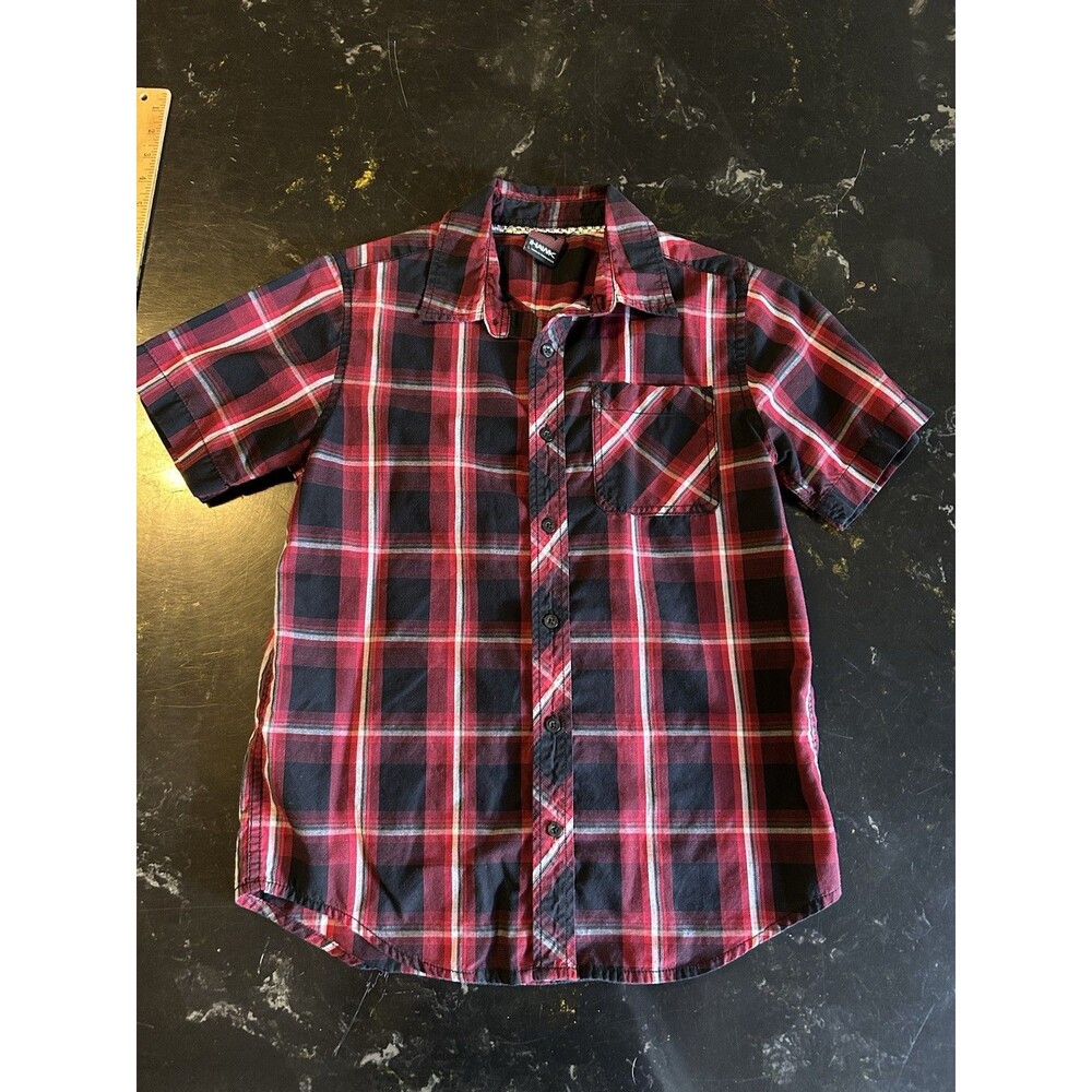 TONY HAWK Boys Short Sleeve Shirt Size L Button Down Red And Black Plaid